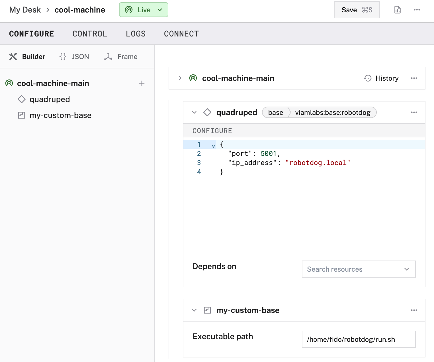 CONFIGURE tab, showing the attributes editor of the quadruped local base component.